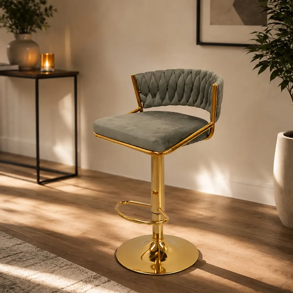 BAR S 997 Upholstered Fabric & PU Swivel Bar Stool with Gold Metal Base
