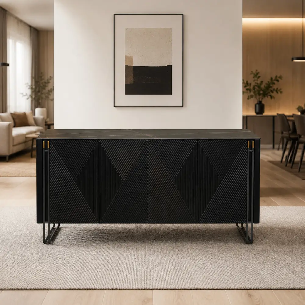 BFT-16 Modern Black Geometric Sideboard Cabinet - 160cm Storage Buffet Console Table