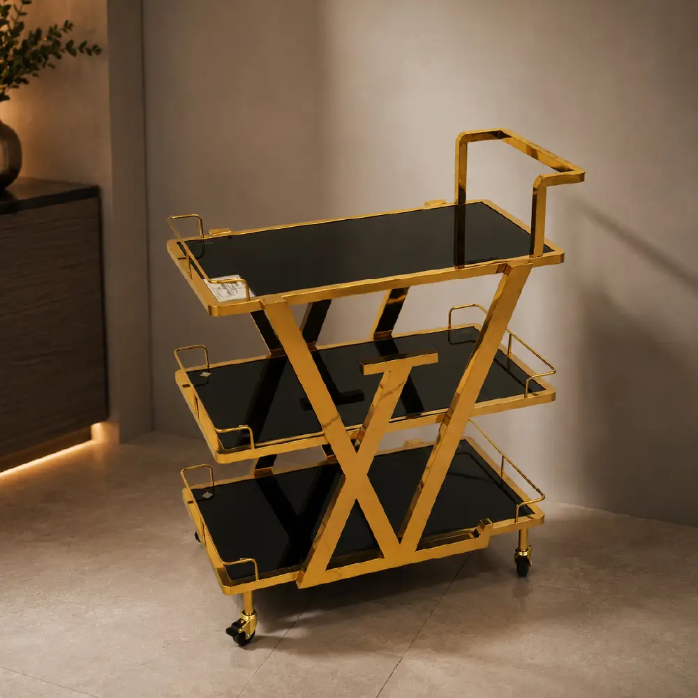 DRTRO-C113 Luxury Gold Stainless Steel Drinks Trolley with Tempered Glass Shelves