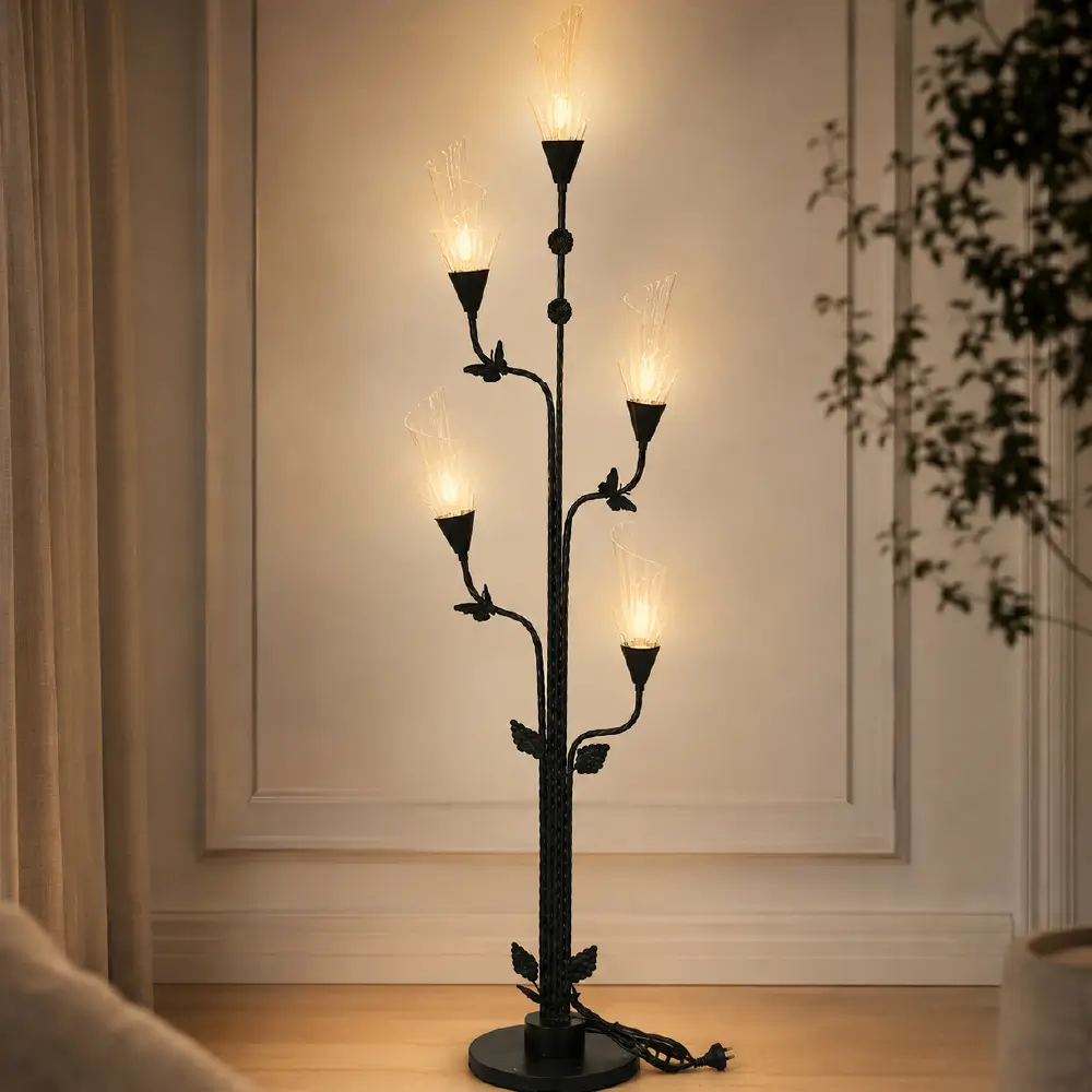 Flower Pattern Black Floor Lamp - Decorative Multi-Light Standing Lamp (LMP-5)