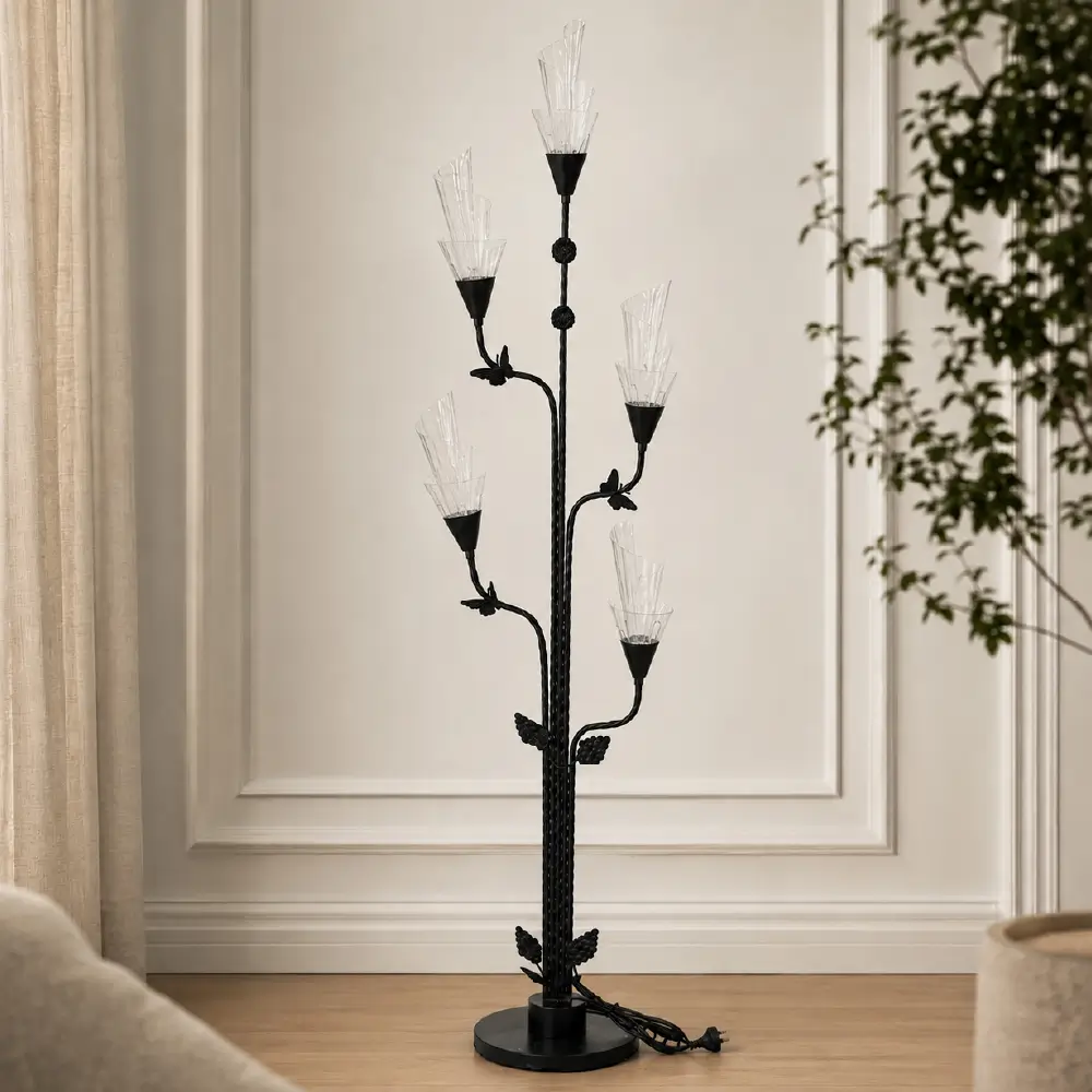 Flower Pattern Black Floor Lamp - Decorative Multi-Light Standing Lamp (LMP-5) - Image 2